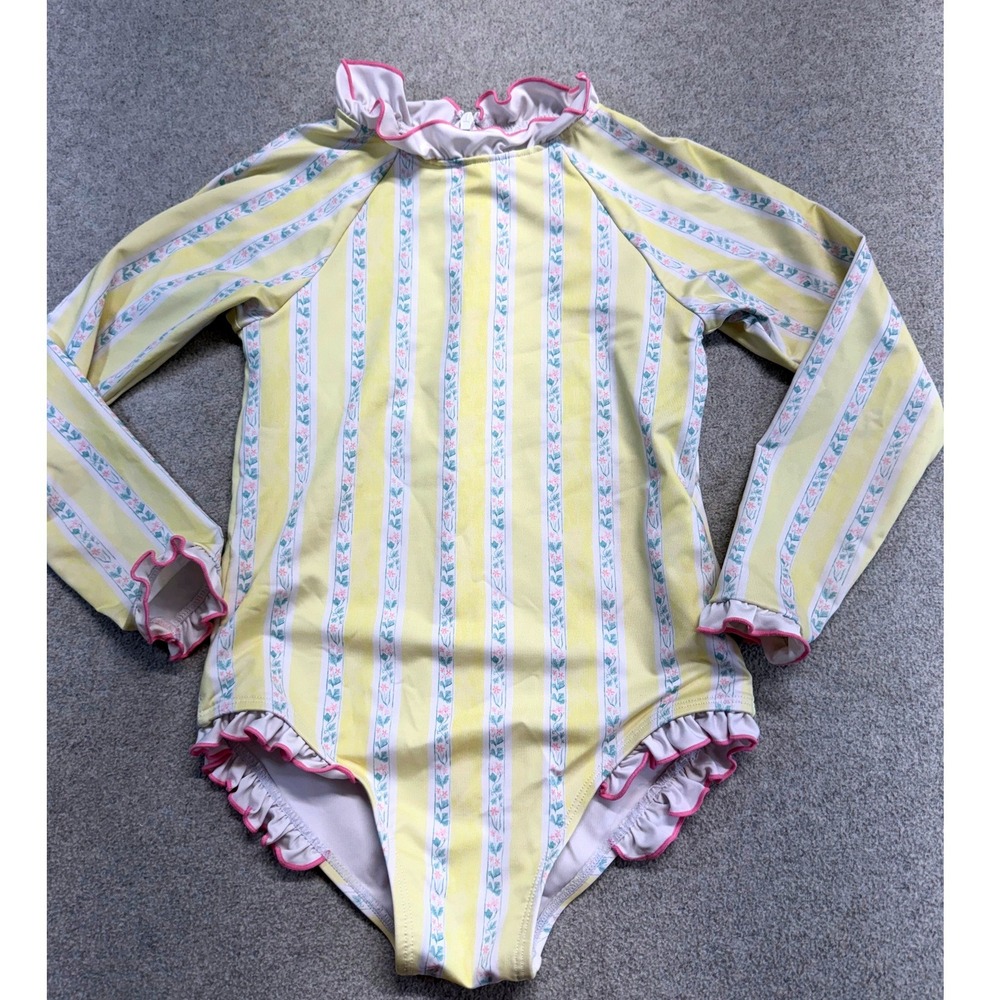 Edgehill Collection Girls 6 Swimsuit Long Sleeve Floral Stripe Ruffle Rash Guard